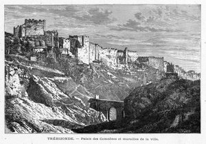 منظر لقصر Comes وجدران مدينة Trebizonde (تركيا). نقش في "Les Missions Catholiques au XIXeme Siecle" للويس-يوجين (لويس يوجين) لوفيت. مجموعة خاصة. بواسطة مجهول مجهول