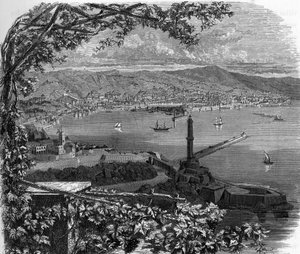 منظر لمدينة الجينات (جينوفا) ، إيطاليا. نقش عام 1859 في "" صالات عرض أوروبا - إيطاليا "بواسطة Armengaud. مجموعة خاصة. بواسطة مجهول مجهول