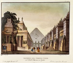منظر لمعبد إيزيس سينوغرافيا لباليه "أوكتافيان في مصر" لمصمم الرقصات الإيطالي جيوفاني جالزراني (1780-1865) (1828). الطباعة الحجرية في "" مجموعة الاختراعات ذات المناظر الخلابة لعام 1830 بواسطة أليساندرو سانكيريكو (1777-1849) ". ميلان بواسطة مجهول مجهول