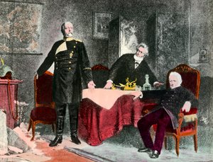 حرب 1870: مقابلة سياسية بين المستشار بسمارك (1815-1898) وجول فافر (1809-1880) وأدولف تييرز (1797-1877). نقش حوالي عام 1870. مجموعة خاصة بواسطة مجهول مجهول