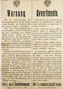 تحذير بعد هروب أسرى الحرب الإيطاليين في 16 فبراير 1916 يطلب من السكان النمساويين عدم مساعدتهم (نقش بواسطة مجهول مجهول