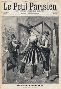 النساء يستعدن لإفسادهن خلف حاجز ورجل يجرب قناعه على شكل أنبوب فيل من أجل قناع كرة ماردي غرا (ماردي غرا). احدى جريدة "Le Petit Parisien" بتاريخ 19/2/1893. بواسطة مجهول مجهول