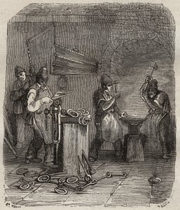 القوات العمالية في Rochefort Bagne في القرن التاسع عشر. نقش في "تاريخ المحكوم عليهم منذ إنشائهم حتى يومنا هذا" (1877) لبيير زكون (1817-1895) (كولونيا بينالي - مستعمرة جزائية). مجموعة خاصة. بواسطة مجهول مجهول