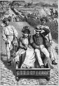 عربات السلة في ماديرا 1893 - Les corinhos (carrieros) a Madere (Madeira) - hommes يوجهون مقعدًا في مكانين في لعبة الروليت (a corinho). نقش في "" Journal des voyages "" "1893 بواسطة مجهول مجهول