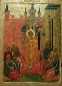 Prepolowenie Christ بين الأطباء ، القرن الخامس عشر بواسطة رسام أيقونات روسي مجهول