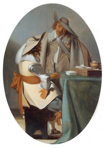 رجلان يتحادثان على طاولة (زيت على لوحة) بواسطة 