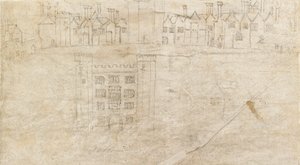 المباني على طول الجبهة الجنوبية لقصر أوتلاندز ، حوالي ١٥٥٠ م بواسطة Anthonis van den Wyngaerde