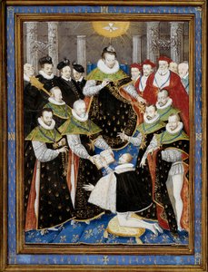 الملك هنري الثالث (1551-1589) ترأس الحفل الأول لأمر الروح القدس (وسام الروح القدس) في 1587 منمنمة ويليام ريتشاردير (القرن السادس عشر) بعد أنطوان كارون (1521-1599) 1587 شانتيلي ، متحف كوندي - الملك هنري الثالث (15 بواسطة أنطوان (بعد) كارون