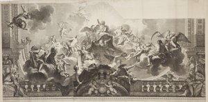 تصميم اللوحة المركزية للسقف للمعرض الكبير في القصر الملكي ، نقشها نيكولا هنري تارديو (1674-1749) بواسطة أنطوان (بعد) كويبل