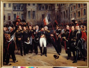 تنازل عام 1814 - "" وداع نابليون بونابرت (1769-1821) للحرس الإمبراطوري في ساحة شوفال بلانك في فونتينبلو في 20/04/1814 "لوحة رسمها أنطوان مونتفورت (1802-1884) من القرن التاسع عشر. 0،98x1،3 م بواسطة أنطوان ألفونس مونتفورت