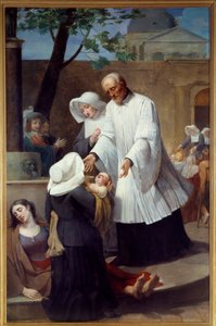 سانت فنسنت دي بول (1581 - 1660) يهتم بمبيدات الآفات (سانت فنسنت دي بول يساعد في القضاء على الطاعون). رسم أنطوان أنسيو (1764-1840). نانت ، متحف الفنون الجميلة