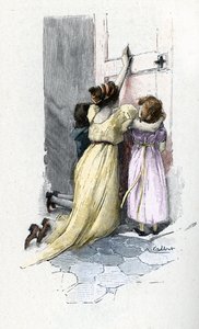 جوزفين دي بوارنيه تبكي مع أطفالها هورتنس ويوجين عند باب غرفة نابليون بونابرت (1769-1821) رافضين فتحه بعد أن تعلم مغامرات خارج نطاق الزواج أثناء إقامته في مصر