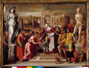 تاريخ الملكة Artemise Iere of Halicarnasse: "" تسليم الكتاب و epee "" رسم أنطوان كارون (1521-1599) القرن السادس عشر. 0،51 × 0،67 م بوفيه ، متحف المغادرة في لوس بواسطة أنطوان كارون