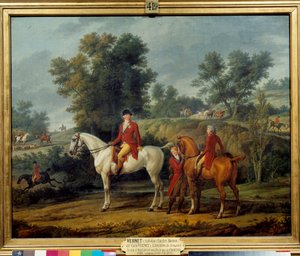 المغادرة للصيد كان للدوق لويس فيليب الثاني جوزيف دورليانز (فيليب إجاليت) (1747-1793) ودوق شارتر ، الذي أصبح ملك فرنسا لويس فيليب الأول ملك أورليانز (1773-1850) ، موعدًا للصيد عام 1787. الرسم بواسطة أنطوان تشارلز هوراس فيرن