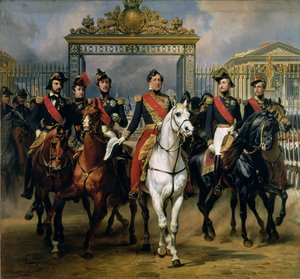 الملك لويس فيليب (1773-1850) من فرنسا وأبناؤه يغادرون قصر فرساي على ظهور الخيل ، 1846