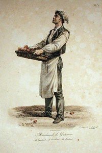 بائع الكيك ، الرقم 1 من سلسلة صرخات باريس ، محفورة من قبل فرانسوا سيرافين ديلبك (1778-1825) بواسطة أنطوان تشارلز هوراس فيرنيه