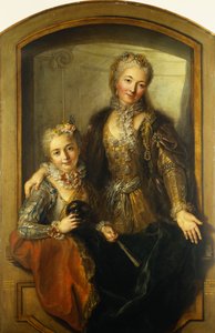 صورة مدام دوبيل وابنتها ، منتصف الجسم ، مرتدية أثواب الكرة في نافذة ، 1733 بواسطة انطوان كويبل