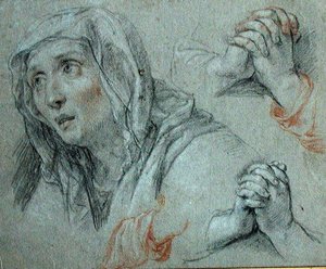 دراسات لشكل العذراء ، حوالي عام 1700 (طباشير أسود وأحمر مزين بالأبيض على الورق) بواسطة انطوان كويبل