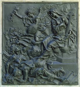 ملاك فرنسا طرد الزنادقة ، تفاصيل من قاعدة تمثال لويس الرابع عشر ، c.1687 (برونزية)