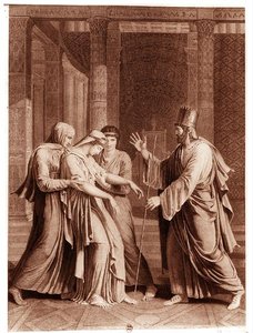 إستير قبل أسويروس ، رسم إيضاحي من "إستير" لجين راسين (1639-99) محفور بواسطة ماتيو (نقش) (صورة بالأبيض والأسود) بواسطة أنطوان دينيس (بعد) شوديت