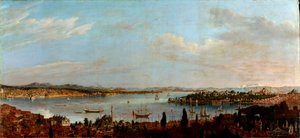 منظر بانورامي لإسطنبول ، تركيا لوحة رسمها أنطوان فافراي (1706-1791) ألوان زيتية على قماش من القرن الثامن عشر قاتمة 100x213 سم متحف بيرا ، إسطنبول بواسطة انطوان فافراي