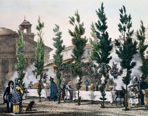 مقالي الطعام في بانثيون خلال عيد القديس يوسف ، نقش من قبل أنطوان جان بابتيست توماس (1791-1834) من Un an a Rome et dans ses المحيطة (عام واحد في روما والمناطق المحيطة بها) ، فرنسا بواسطة أنطوان جان بابتيست توماس