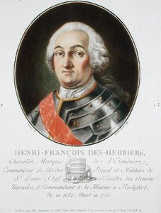 Henri-Francois des Herbiers (1682-1750) Marquis de l'Estandiere ، من "صور رجال عظماء ونساء لامعات وموضوعات لا تُنسى في فرنسا" ، نقشت بواسطة السيدة دي سيرنيل ، نُشرت 1787-92 (حجرية ملونة)
