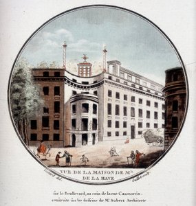 منظر لمنزل السيد Monsieur de La Haye في زاوية شارع Caumartin ، باريس ، تم بناؤه وفقًا لرسومات من قبل المهندس المعماري Aubert. في مناظر متقنة للمباني الرئيسية في باريس بواسطة الرقيب بواسطة أنطوان لويس فرانسوا سيرجنت مارسو
