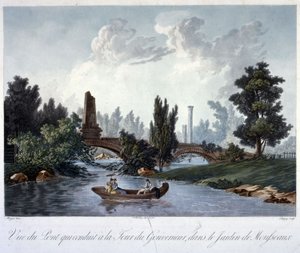 جسر إلى Tour du Gouverneur في Parc Monceau ، محفور بواسطة Chapuy (aquatint) بواسطة أنطوان بيير بعد مونغين