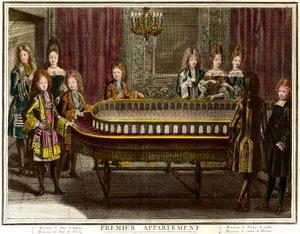 فيليب من فرنسا ، دوق أنجو ، ثم ملك إسبانيا (1683-1746) ، وتشارلز ، دوق بيري (1686-1714) وأمير ويلز يلعب الرواق في أول شقة لويس الرابع عشر في فرساي - نقش أنطوان تروفان (1656) -1708) مجموعة خاصة - تشا