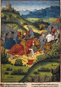 لانسلوت في معركة - فيرار ، أنطوان (القرن الخامس عشر). ناشر إنجليزي وبائع كتب ؛ لانسلوت (القرن السادس). فارس بلاط الملك آرثر. لانسلوت في معركة. رسم توضيحي لـ "Lancelot du Lac" بواسطة أنطوان فيرارد (1494). الفن القوطي. لوحة مصغرة. FR
