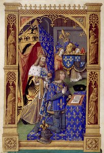 ملك فرنسا لويس الثاني عشر (1462-1515) في الصلاة مع شارلمان خلفه - صورة مصغرة لأنطوان فيرار (1485-1512) في "كتاب ساعات شارل الثامن"