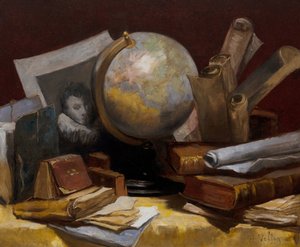 لا تزال الحياة مع خريطة العالم والكتب والرق بواسطة انطوان فولون