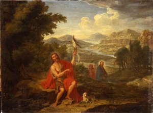 القديس يوحنا المعمدان في البرية يشير إلى المسيح ، نهر الأردن بعده ، 1759