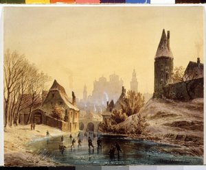 "" حلبة التزلج على النهر المتجمد "(حلبة التزلج على النهر) لوحة مائية من تصميم أنطون دول (1826-1887) 1855 متحف بوشكين للفنون الجميلة ، موسكو بواسطة انطون دول