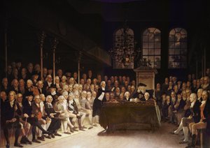ويليام بيت يخاطب مجلس العموم حول إعلان الحروب الفرنسي 1793 بواسطة انطون هيكل