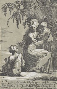 امرأة تقف عند سفح شجرة تحمل رضيعًا وصبيًا جالسًا ، 1724. بواسطة انطون ماريا زانيتي