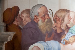 Bystanders, fresco by Antonio Busca (1625-1684), 20th Chapel, Saint Francis canonized by Pope Gregory IX, Sacred Mountain of Orta (UNESCO World Heritage List, 2003), Orta San Giulio, Piedmont, Italy بواسطة أنطونيو بوسكا