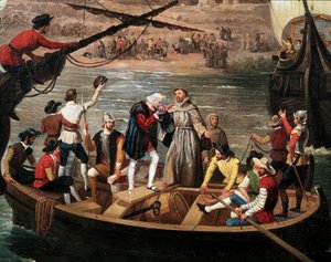 رحيل سانتا ماريا والبنتا ونينا من بالوس في عام 1492 - رحيل القوافل الثلاثة لكريستوفر كولومبوس (1451-1506) من بالوس في 03/08/1492 ، التفاصيل. رسم أنطونيو كابرال وبيجارانو (1798-1861). بالوس دي لا فرونتيرا. رابيدا
