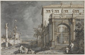 Capriccio: قصر مع فناء بجانب البحيرة ، ج. 1750-1755. بواسطة قناة جيوفاني أنطونيو (كاناليتو)