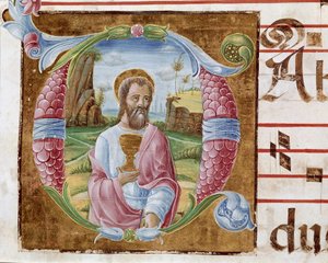 القديس يوحنا الإنجيلي Lettrine منارة من قبل أنطونيو Cicognari. التفاصيل من antiphonary. 1483. كريموني ، كورال 4 ، كابيتولو ديل دومو