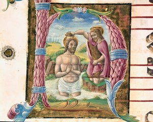 معمودية المسيح Lettrine منارة من قبل انطونيو Cicognari. التفاصيل من antiphonary. 1483. كريموني ، كورال 4 ، كابيتولو ديل دومو