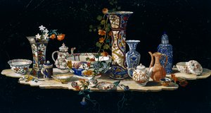 سطح طاولة مع مزهريات خزفية ، 1797 ، فسيفساء من الحجر شبه الكريمة على الرخام ، تم إنشاؤها في ورش Grand Ducal في فلورنسا من نموذج أنطونيو Cioci (نشط في النصف الثاني من القرن الثامن عشر) ، إيطاليا ، الثقافة الإيطالية