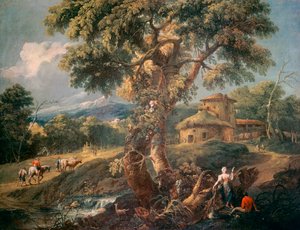 منظر طبيعي للجبال مع الناس ونهر ، بواسطة أنطونيو ديزياني (1738-1797) ، زيت على قماش ، 55x72 سم