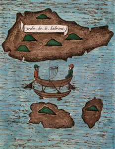 Islas de los Ladrones (جزر ماريانا حاليًا) ، نقش خشبي ملون من تقرير الرحلة الأولى حول العالم مع فرديناند ماجلان بواسطة أنطونيو بيجافيتا