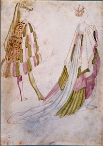 A man and a woman in court clothes Watercolour, feather and wash by Antonio di Puccio Pisano dit Pisanello (before 1395-1455) 1450 Sun. 0,27x0,19 m Chantilly, Musee Conde بواسطة أنطونيو بيسانيلو