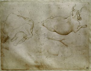 بقرتان وعرعر. رسم أنطونيو دي بوتشيو بيسانو ديت بيسانيلو (1395-1455). التمرير ، طرف معدني. الإرتفاع: ١٧.٦ سم. متحف اللوفر ، مجلس الوزراء medailles بواسطة أنطونيو بيسانيلو