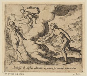 Arethusa wordt achtervolgd باب Alpheus أريثوزا ، التي وقعت في حب ألفيوس ، تحولت إلى مصدر اسمها (العنوان على الشيء) Metamorphoseon أو التحويلات (عنوان السلسلة) ميتامورفوسين فان أوفيديوس (عنوان المسلسل) بواسطة انطونيو تمبيستا