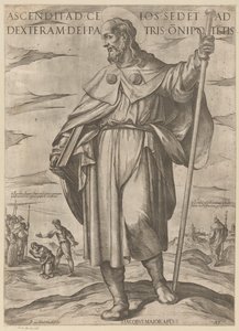 De heilige Jakobus de Meerdere من صعد إلى السماء يجلس عن يمين الله أبي القدير (اللقب على الشيء) المسيح ، ماري إن دي الرسول (عنوان السلسلة) بواسطة انطونيو تمبيستا