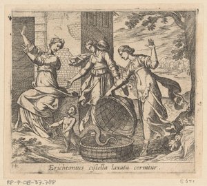 Erichthonius uit zijn mand gelaten يُرى إريكثونيوس بسلة فضفاضة (العنوان على الجسم) Metamorphoseon أو التحويلات (عنوان السلسلة) ميتامورفوسين فان أوفيديوس (عنوان المسلسل) بواسطة انطونيو تمبيستا